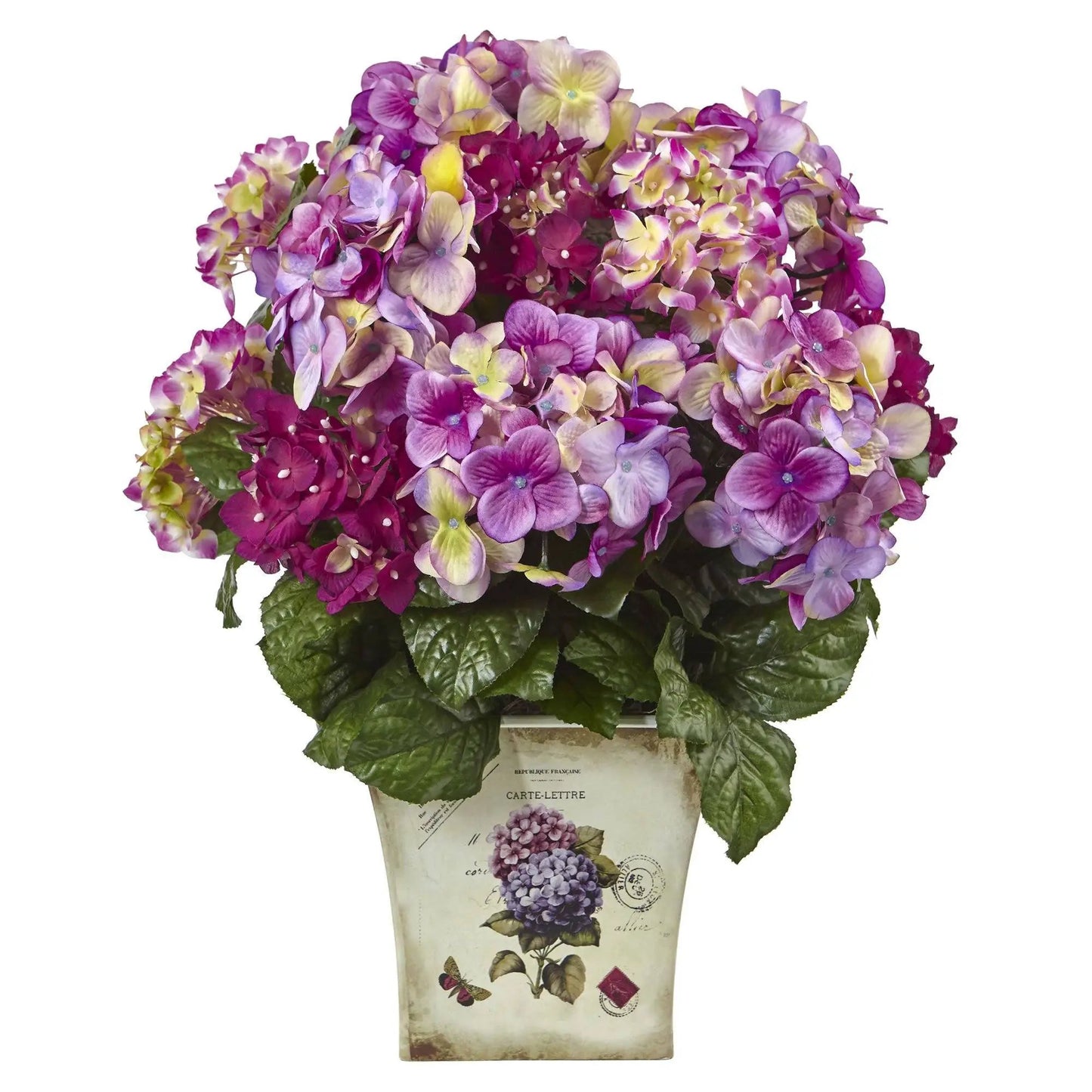 Blue Purple White Hydrangea artificial bouquet with vintage planter wrap and green leaves on Tampa Home & Garden Store