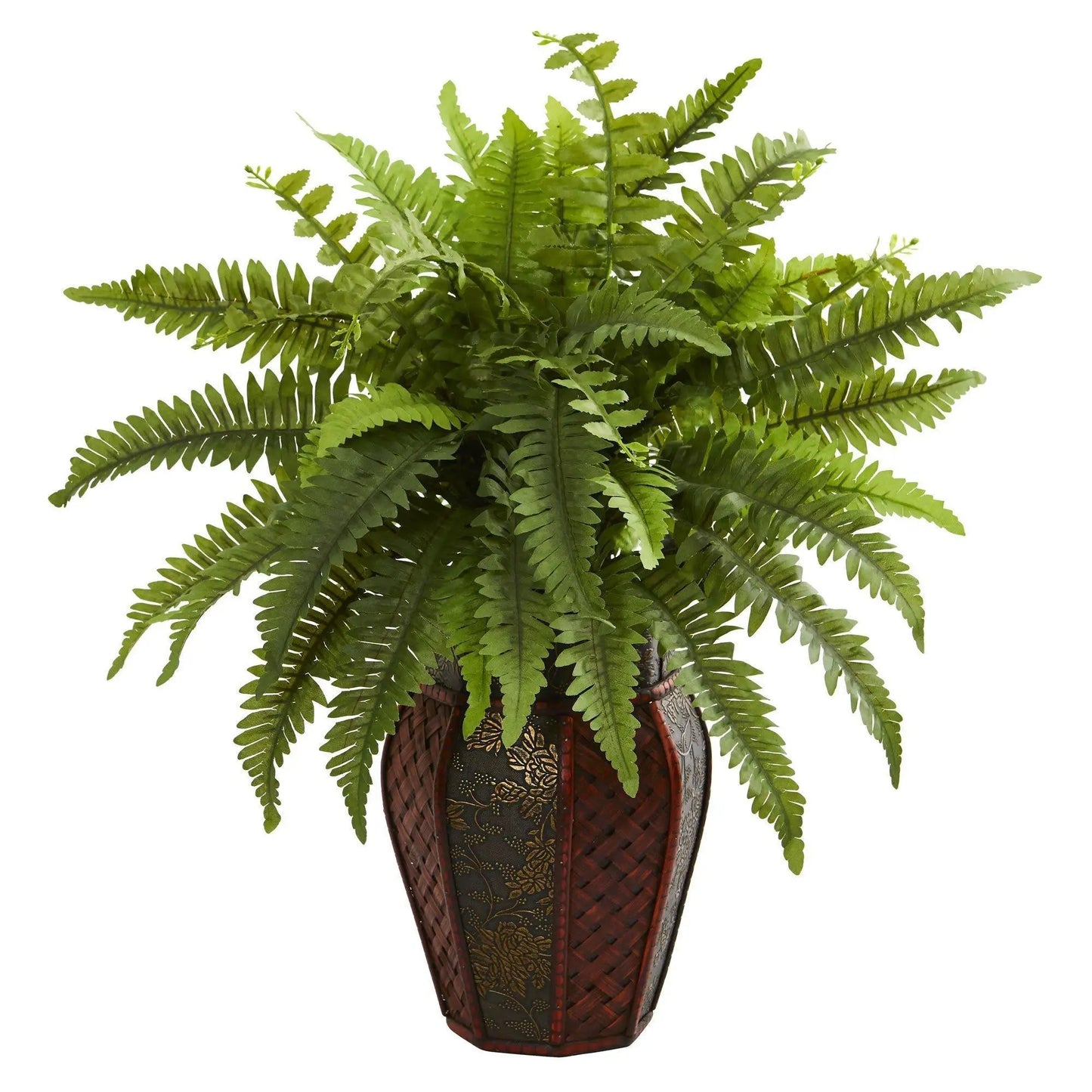 Boston Fern artificial plant by Nearly Natural in decorative woven planter with green fronds on Tampa Home & Garden Store