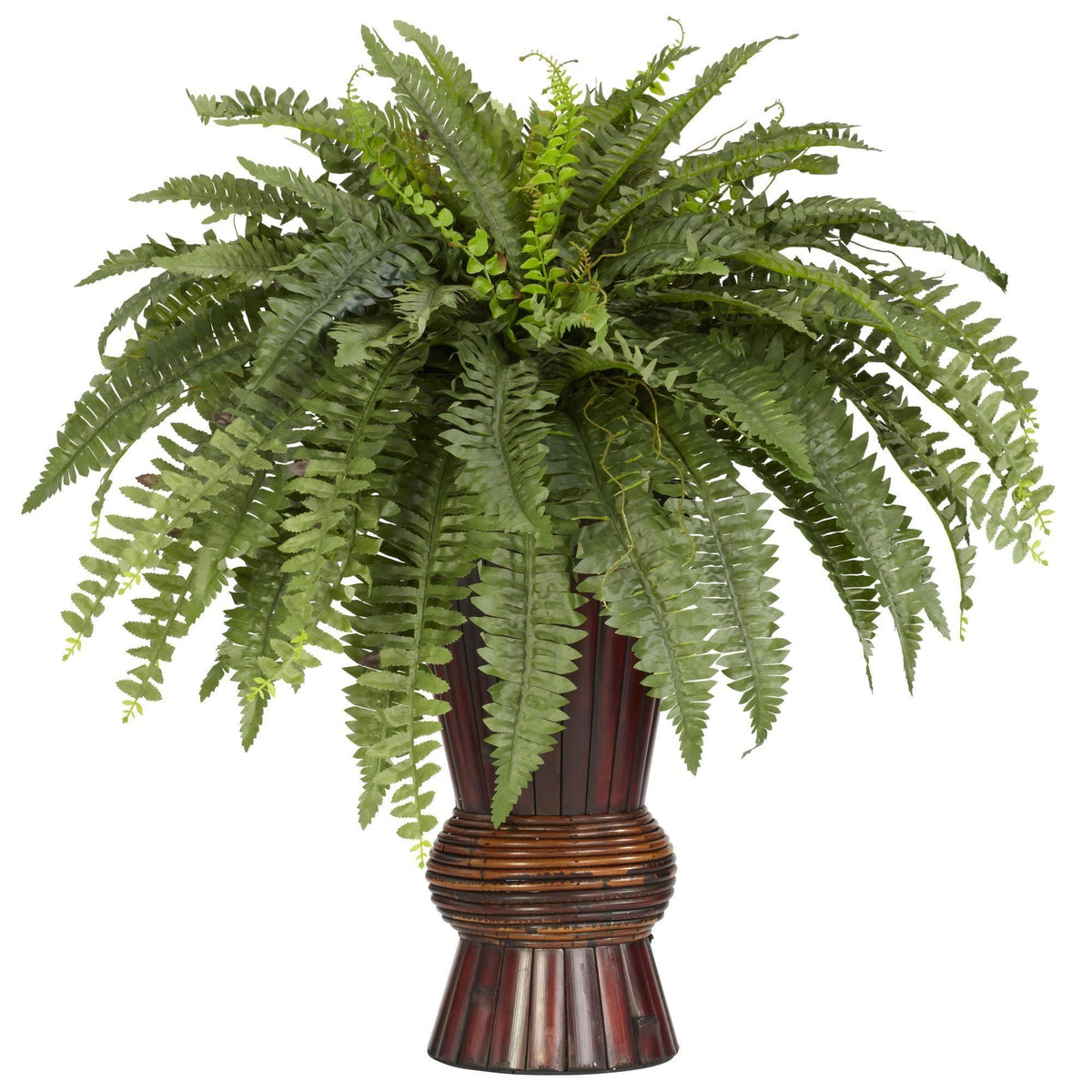 Boston Fern silk plant by Nearly Natural in a dark brown bamboo vase with lush green fronds on Tampa Home & Garden Store