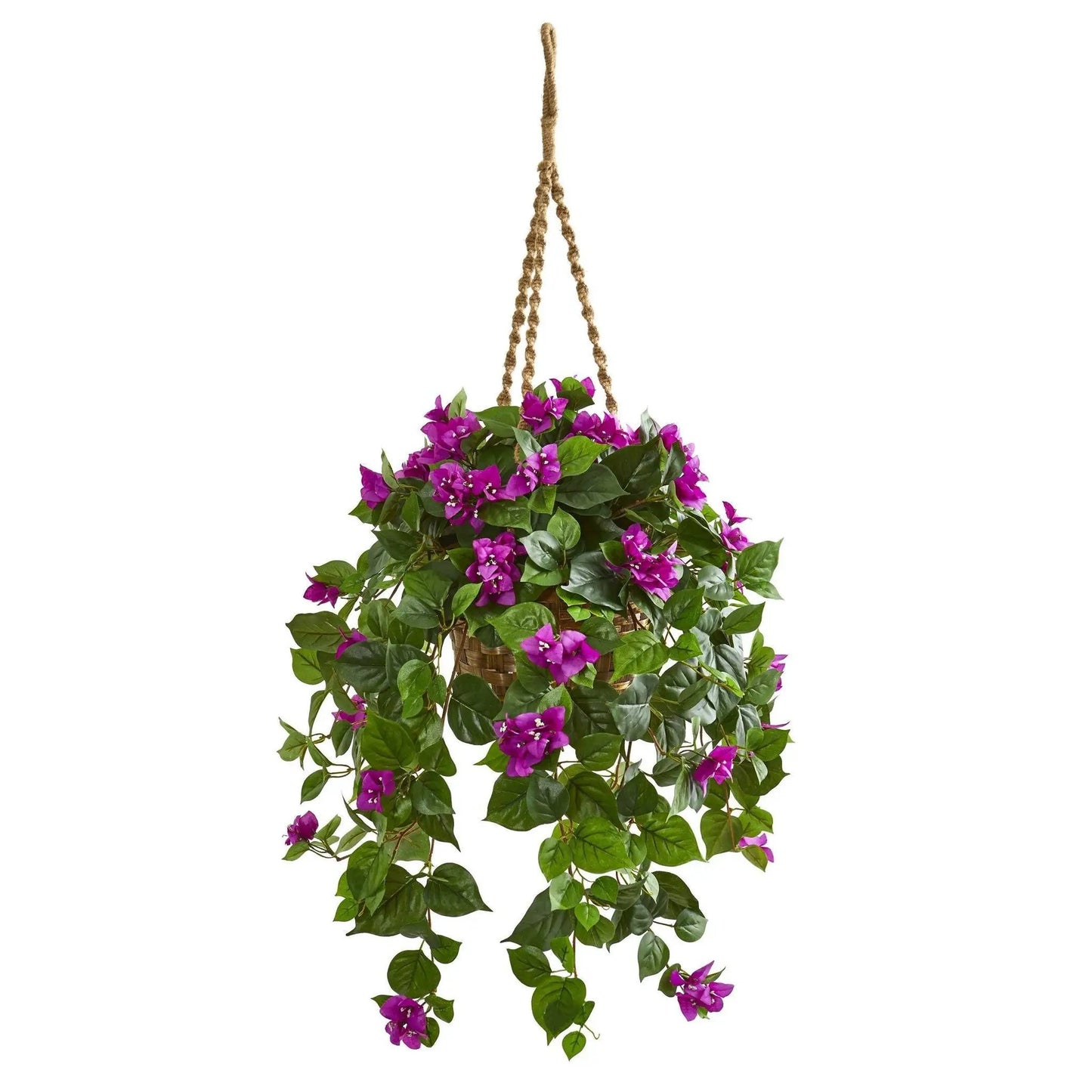 Bougainvillea artificial plant in hanging basket with purple blooms and glossy green leaves, jute rope hanger on Tampa Home & Garden Store
