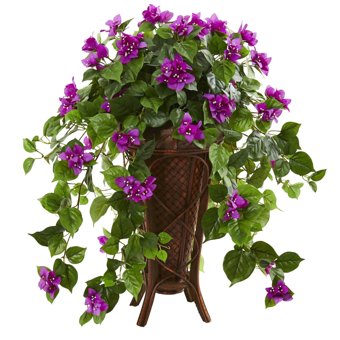 Bougainvillea artificial plant in stand planter with magenta blossoms and glossy green leaves by Nearly Natural on Tampa Home & Garden Store