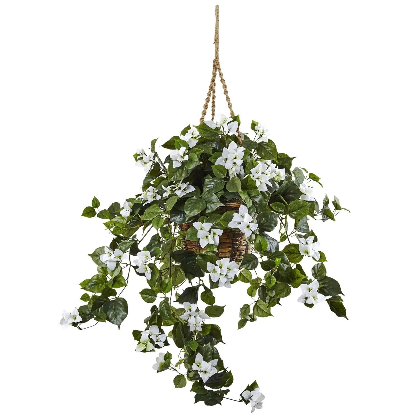 Bougainvillea Hanging Basket with White Blooms by Nearly Natural in wicker basket on Tampa Home & Garden Store