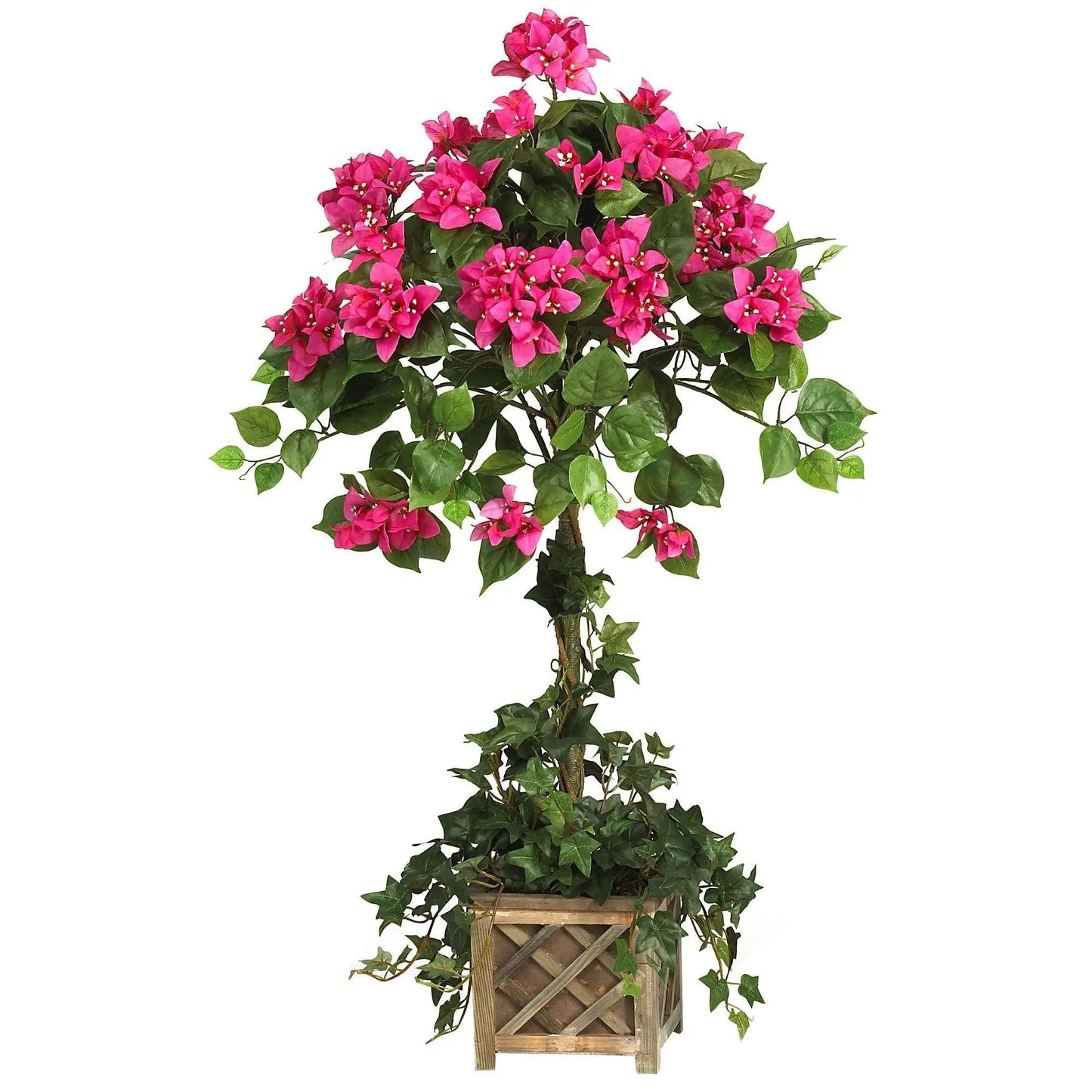 34-inch silk bougainvillea topiary in a wooden lattice box with pink flowers and green leaves on Tampa Home & Garden Store