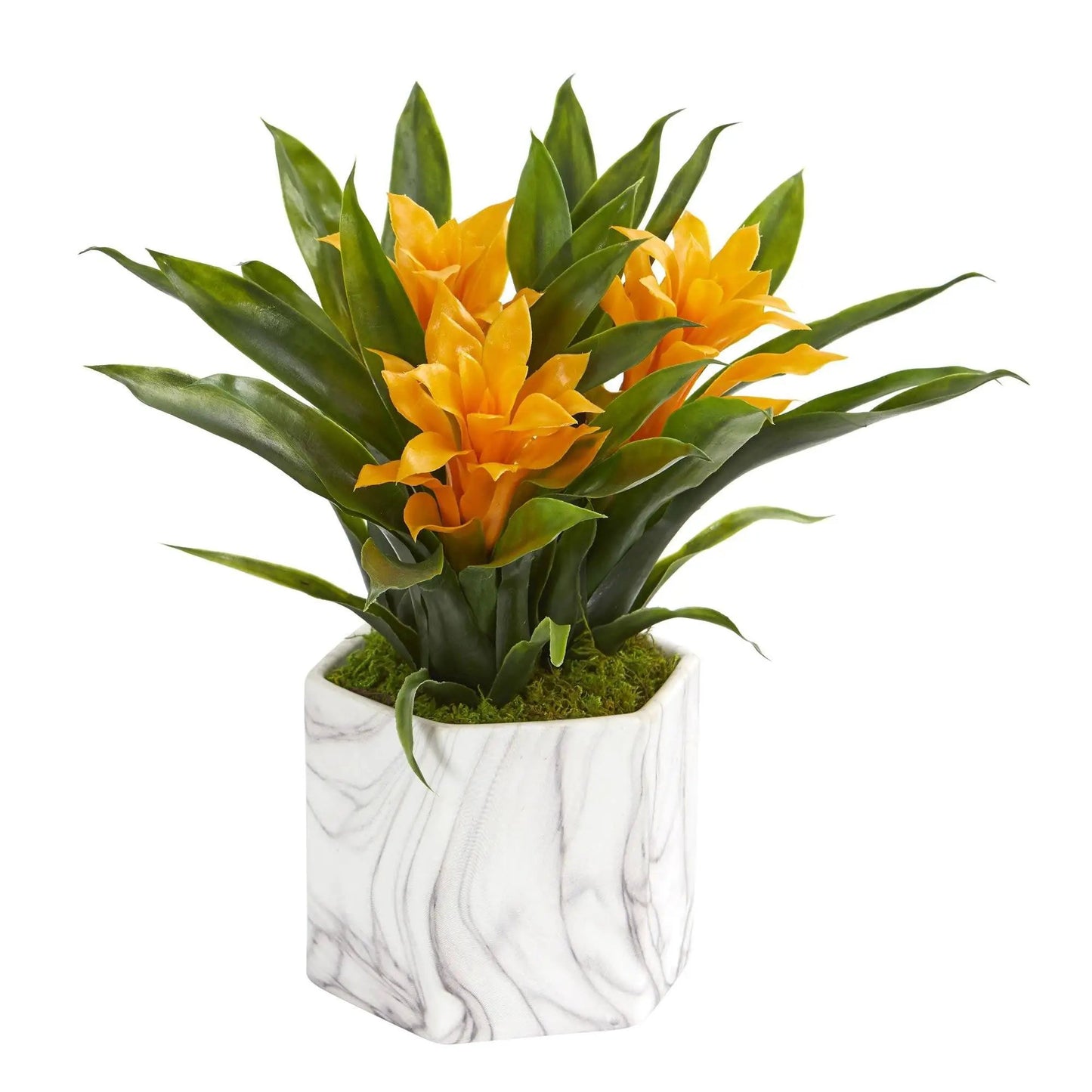 Bromeliad artificial plant in marble vase with orange bracts and green leaves on Tampa Home & Garden Store