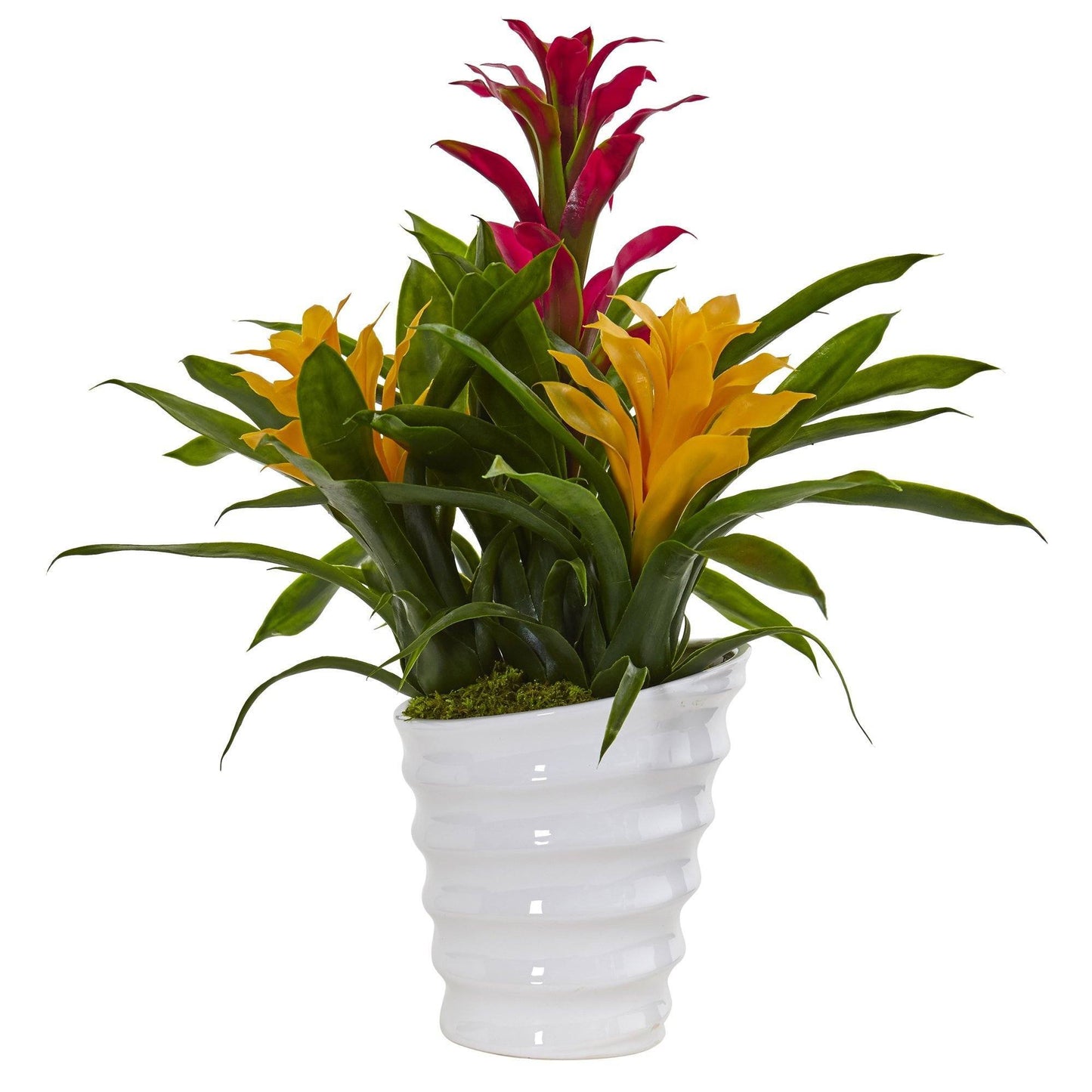 Nearly Natural bromeliad in white swirl vase with red bracts and green leaves faux blooms on Tampa Home & Garden Store