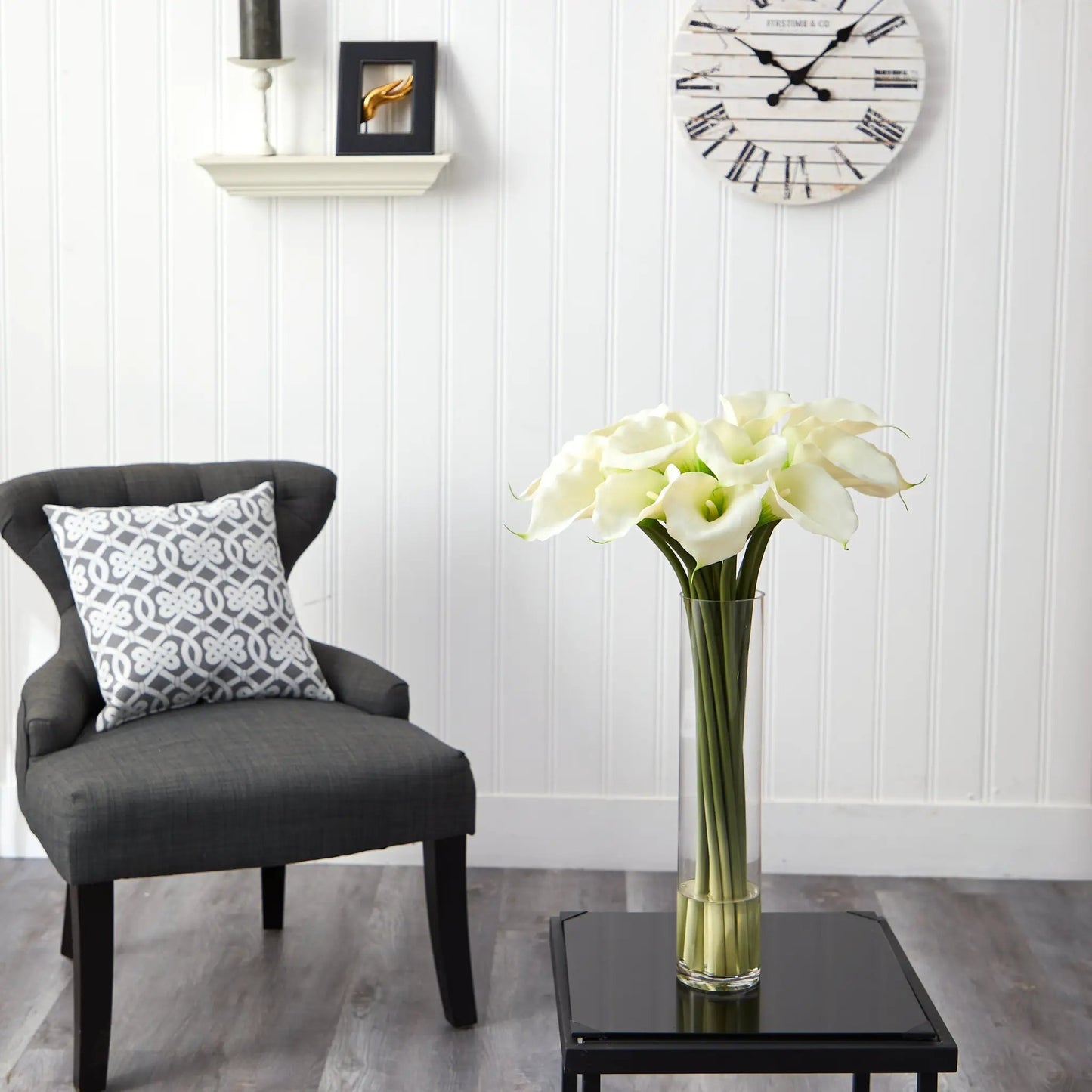 Calla Lily Silk Arrangement in Cylinder Vase with white blooms, green stems, Nearly Natural on Tampa Home & Garden Store