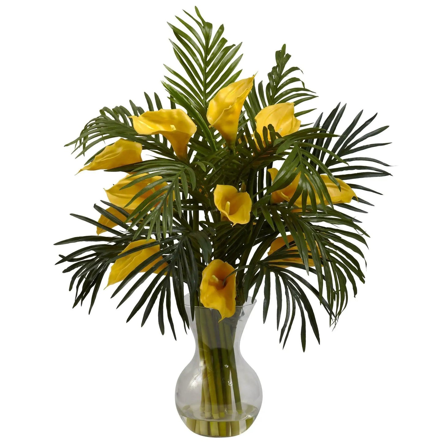 Calla Lily and Areca Palm Indoor Combo artificial with yellow blooms in glass vase on Tampa Home & Garden Store