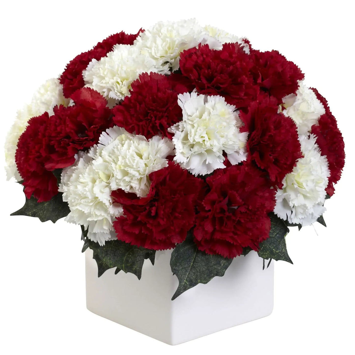 Carnation arrangement with red and white blooms in a white ceramic vase by Nearly Natural on Tampa Home & Garden Store