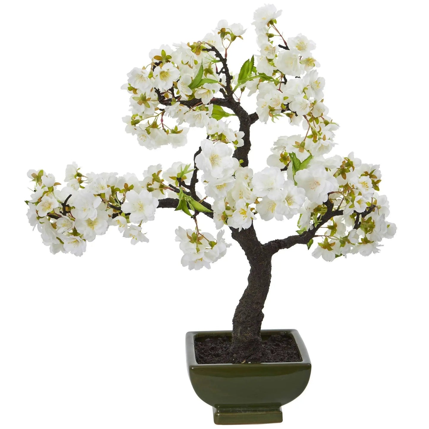 Cherry Blossom Bonsai Artificial Tree Centerpiece with white blossoms and dark trunk in a pot on Tampa Home & Garden Store