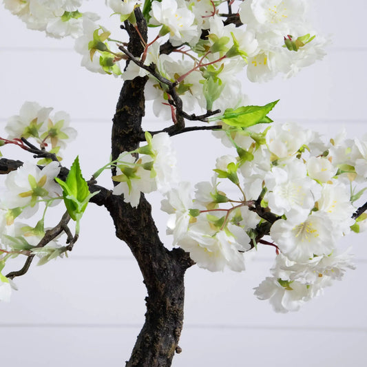 Cherry Blossom Bonsai Artificial Tree Centerpiece by Nearly Natural with white blooms on Tampa Home & Garden Store