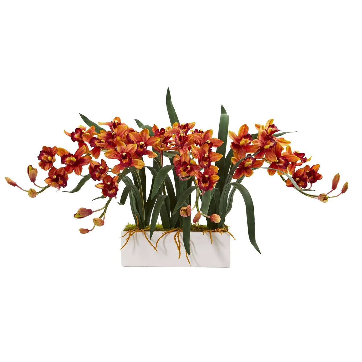Artificial cymbidium arrangement in white vase with orange-red blooms Nearly Natural on Tampa Home & Garden Store