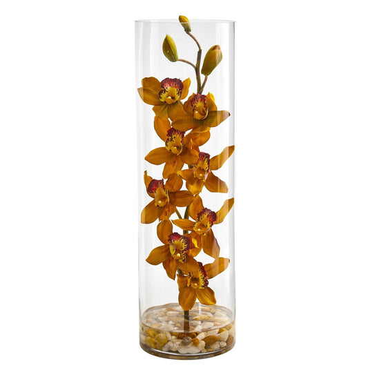 Nearly Natural Cymbidium Orchid artificial arrangement in clear cylinder vase with orange blooms on Tampa Home & Garden Store