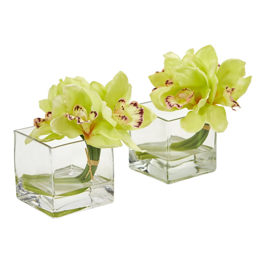 Cymbidium Orchid Artificial Arrangement in Glass Vase (Set of 2) - Tampa Home & Garden Store