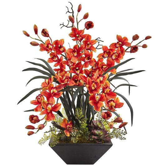 Cymbidium Orchid with Black Vase - Tampa Home & Garden Store