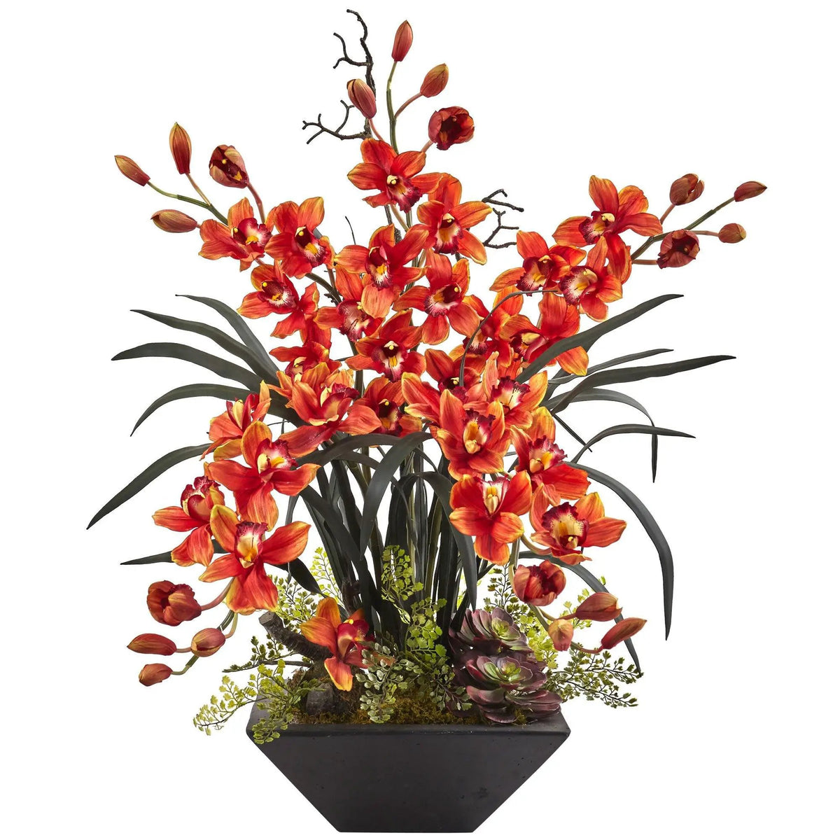 Nearly Natural Cymbidium Orchid arrangement in a black vase with orange-red blooms on Tampa Home & Garden Store