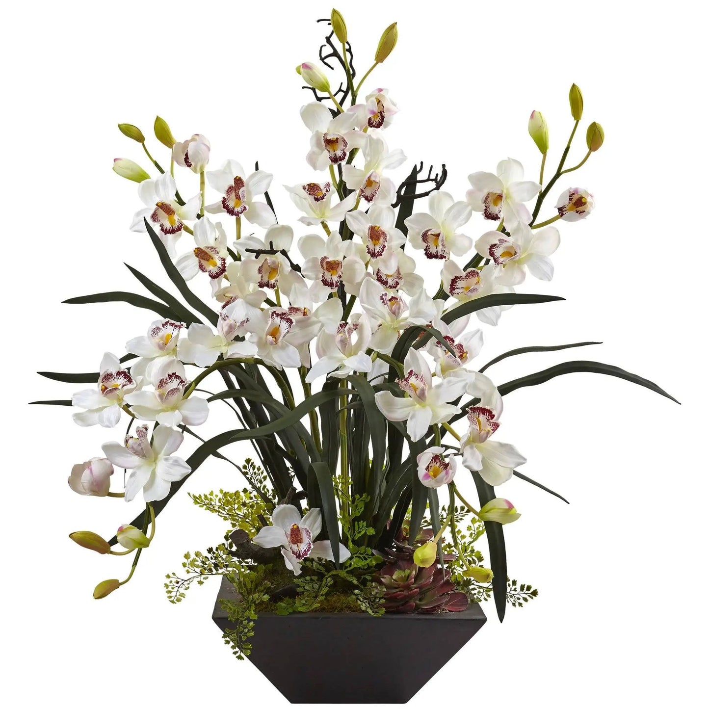 Cymbidium Orchid arrangement in a black vase with white blooms and burgundy center Nearly Natural on Tampa Home & Garden Store