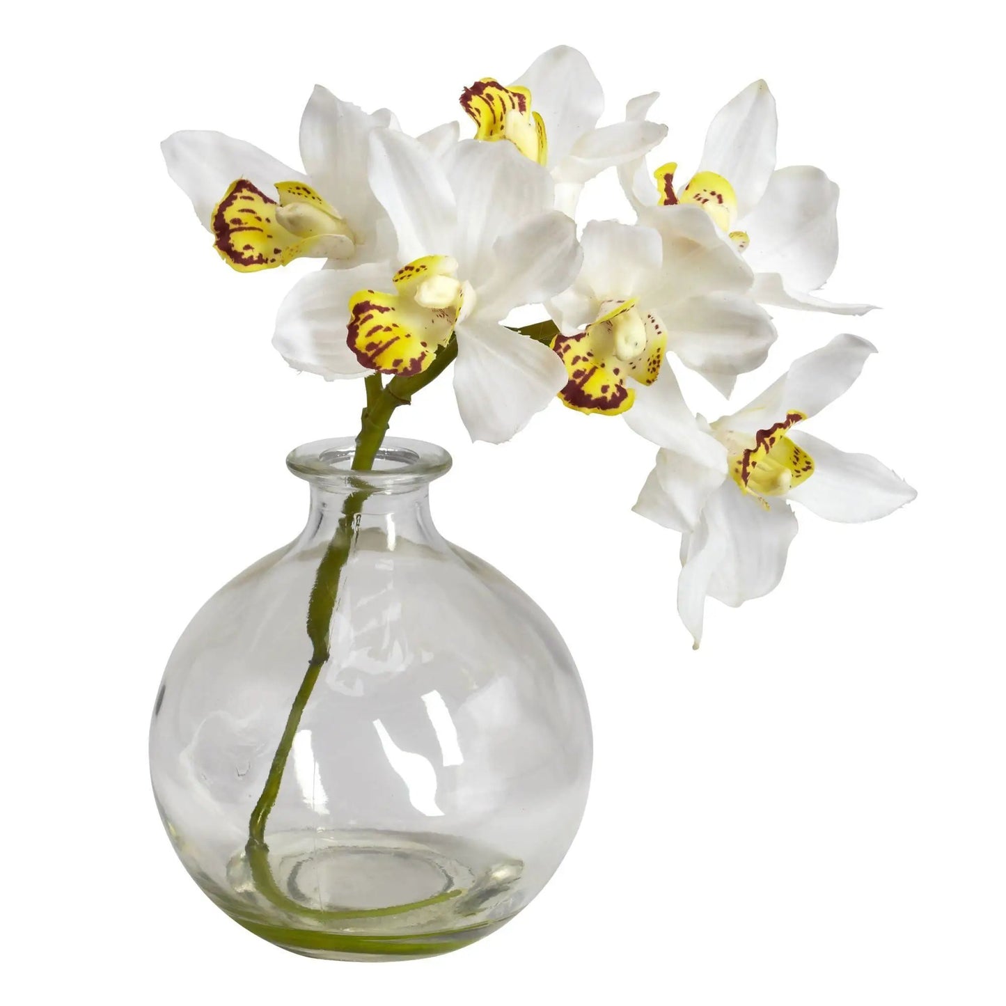 Cymbidium silk flower arrangement in clear glass vase set of 3 white blooms with yellow centers on Tampa Home & Garden Store