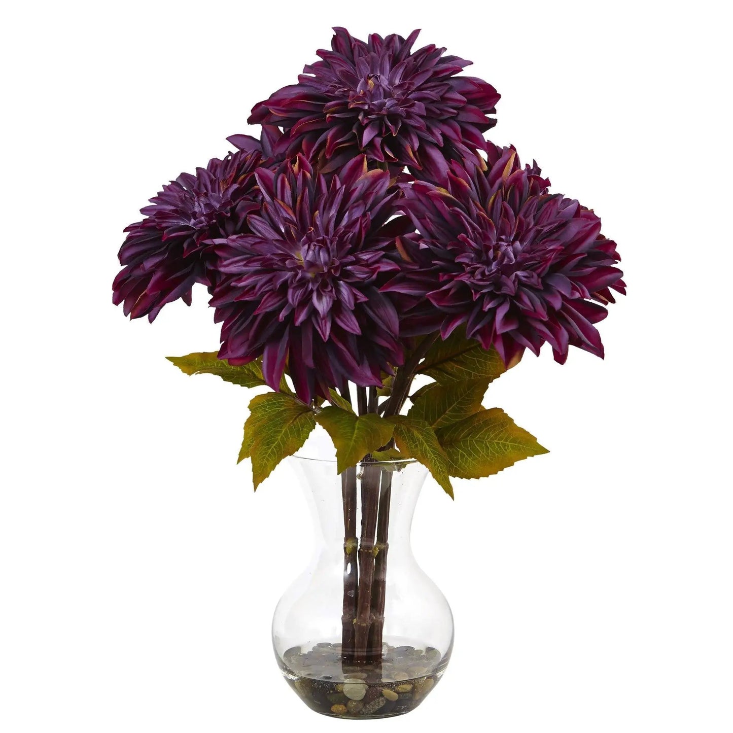Dahlia arrangement artificial in burgundy purple with leaves in glass vase by Nearly Natural on Tampa Home & Garden Store