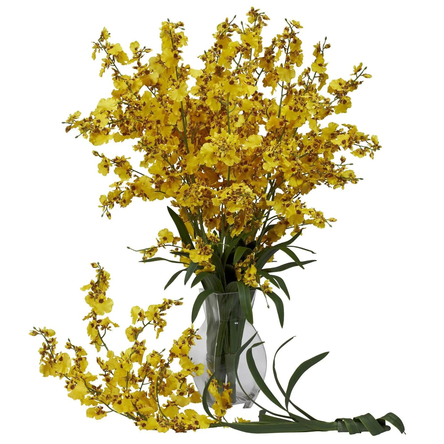 Dancing Lady Silk Orchid set of twelve in yellow, Nearly Natural flowers in clear glass vase on Tampa Home & Garden Store