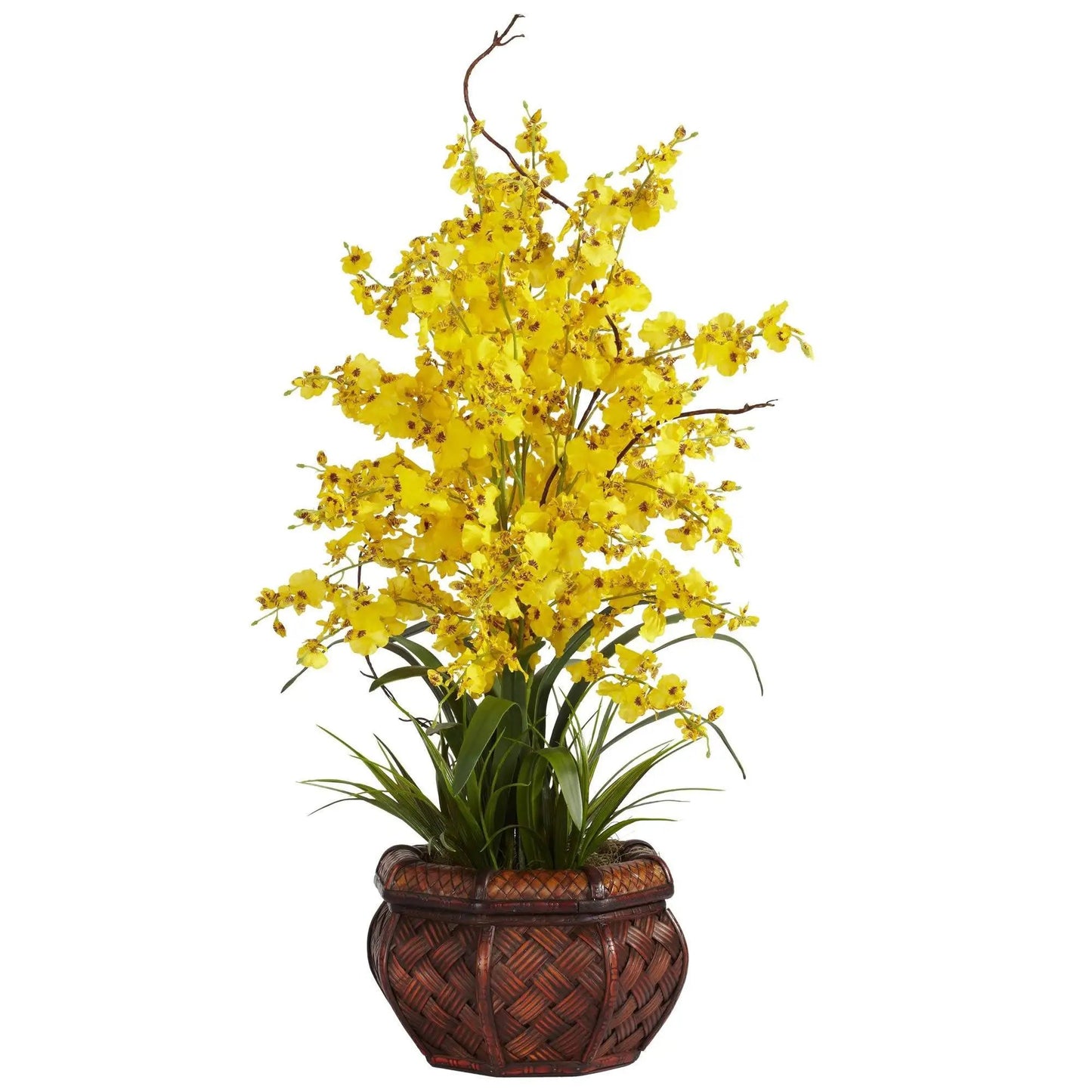 Dancing Lady yellow silk flower arrangement in a woven basket by Nearly Natural on Tampa Home & Garden Store