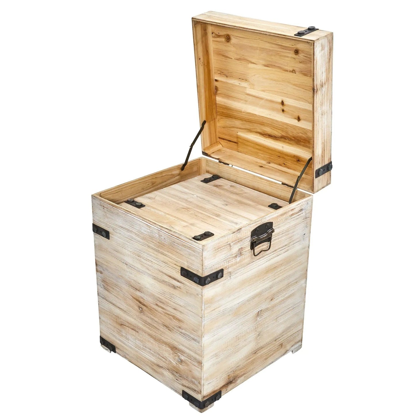 White wash wooden storage trunks with black metal hardware; rustic set of 3 on Tampa Home & Garden Store