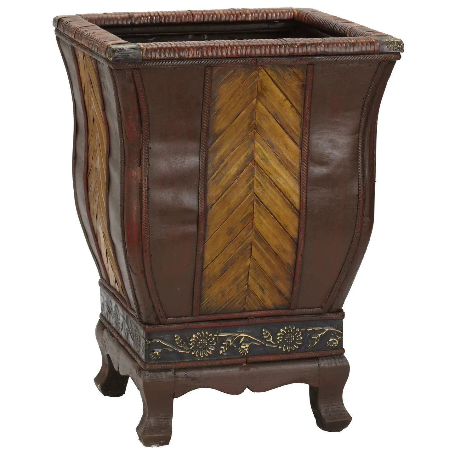 Decorative wood planters set of two, dark brown with chevron-paneled fronts and carved trim on Tampa Home & Garden Store