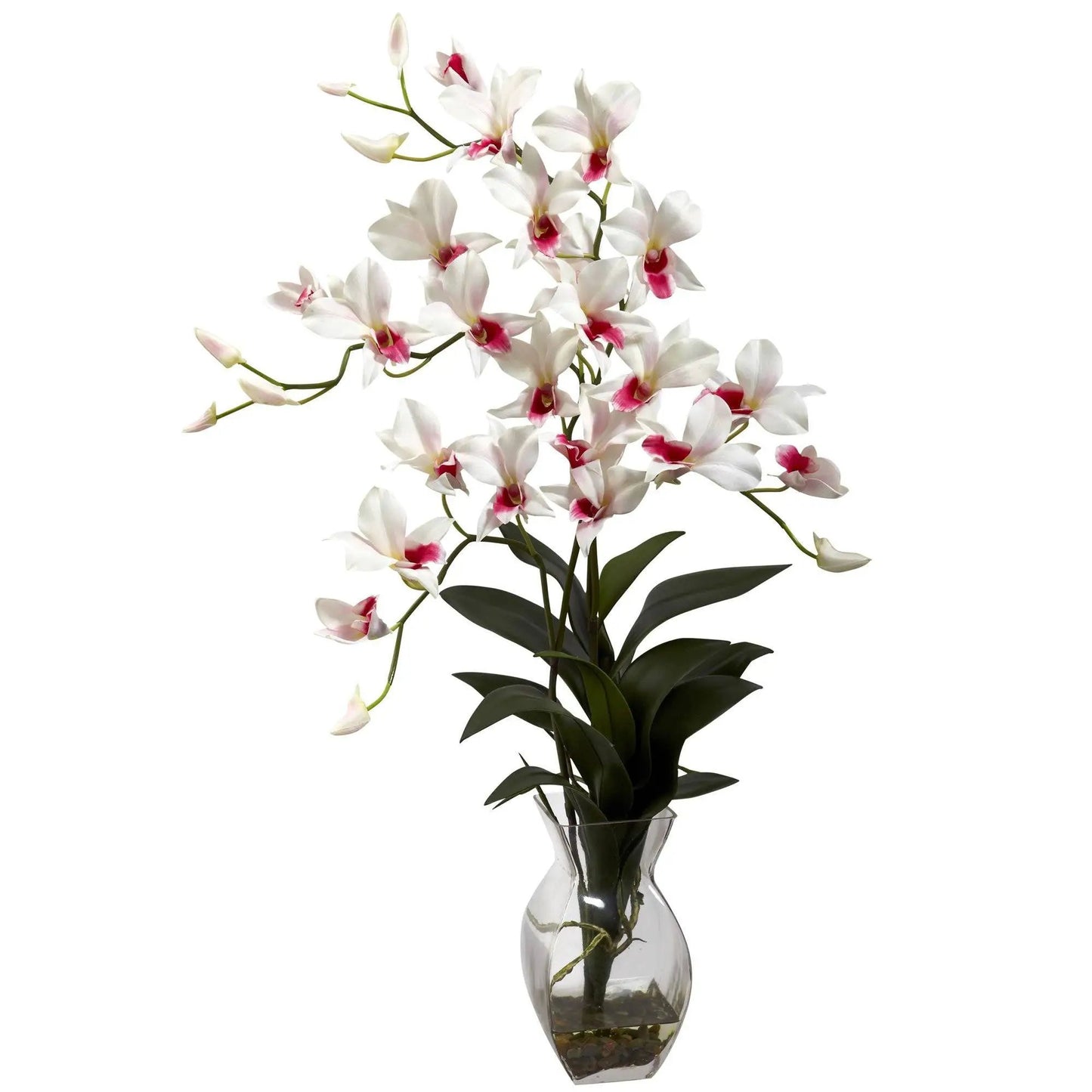Dendrobium Orchid arrangement with white petals and pink centers by Nearly Natural on Tampa Home & Garden Store