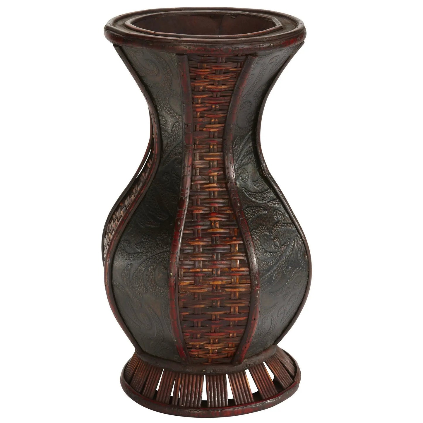 Hourglass Urn Vase with dark brown wicker basket-weave design by Nearly Natural on Tampa Home & Garden Store
