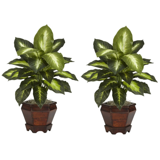 Dieffenbachia silk plant in wood vases set of 2, variegated green leaves, Nearly Natural on Tampa Home & Garden Store