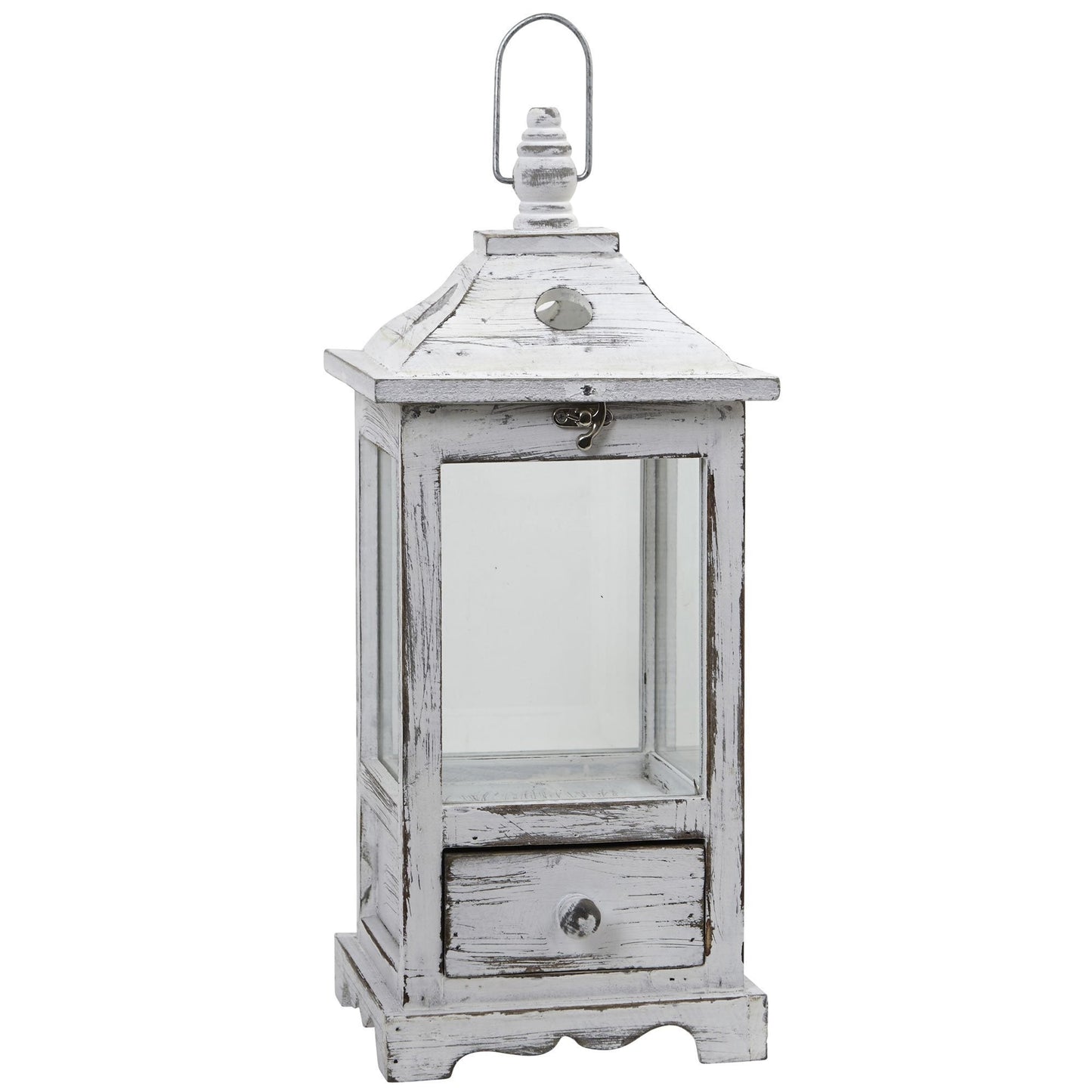 Distressed white wooden lantern with glass panels and small drawer, rustic vintage style on Tampa Home & Garden Store
