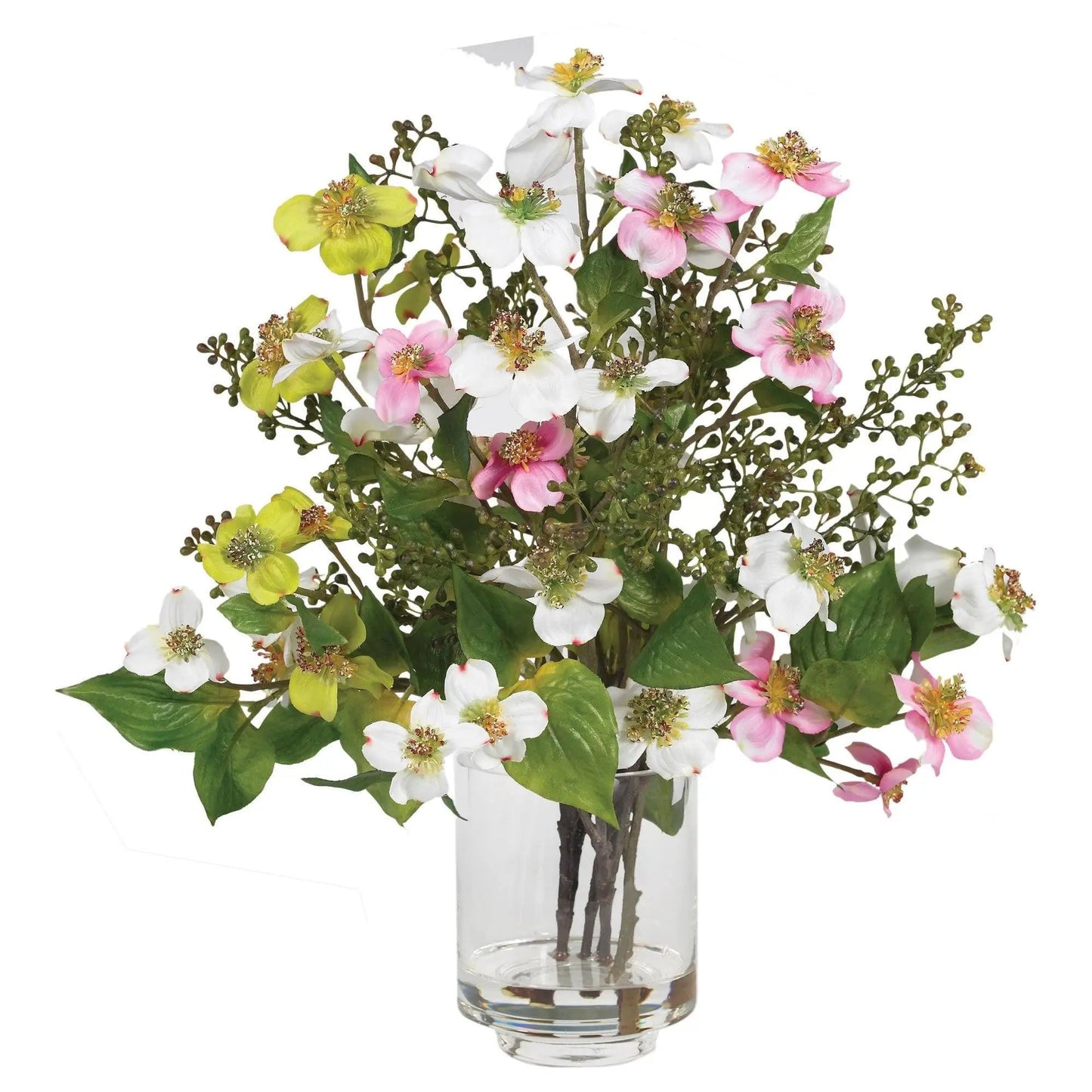 Dogwood silk flower arrangement in soft pastels in clear vase Nearly Natural blossoms on Tampa Home & Garden Store