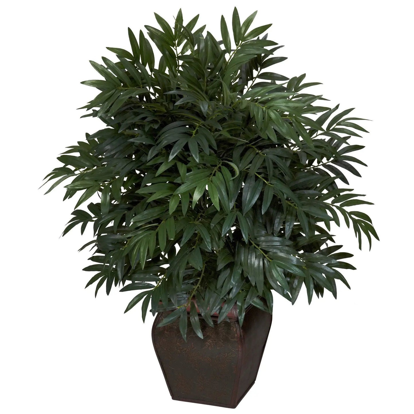 Double Bamboo Palm artificial silk plant with dark green leaves in a brown planter on Tampa Home & Garden Store