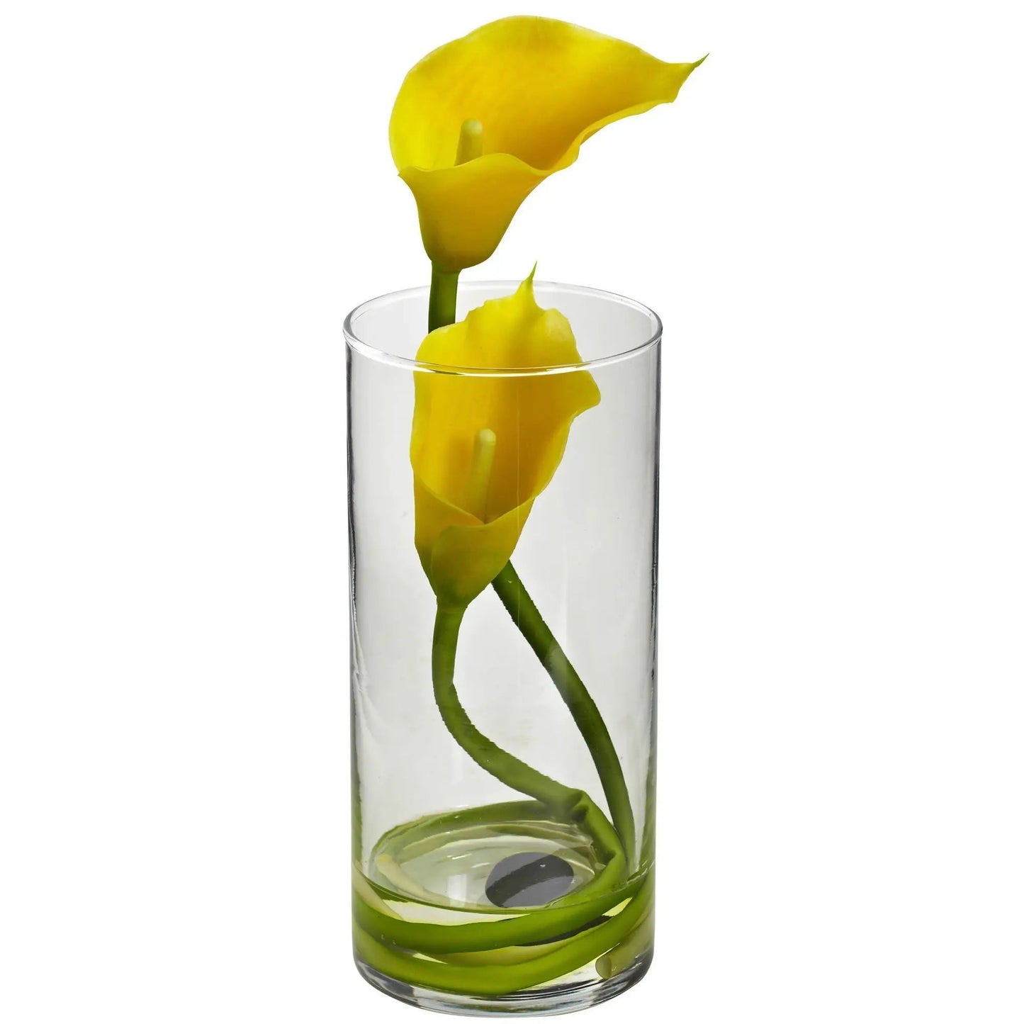 Double Calla Lily Cylinder Set of 2 Nearly Natural yellow blooms in a clear glass vase on Tampa Home & Garden Store