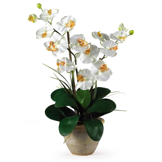 Double stem Phalaenopsis silk orchid arrangement with white blooms and orange centers in a pot on Tampa Home & Garden Store