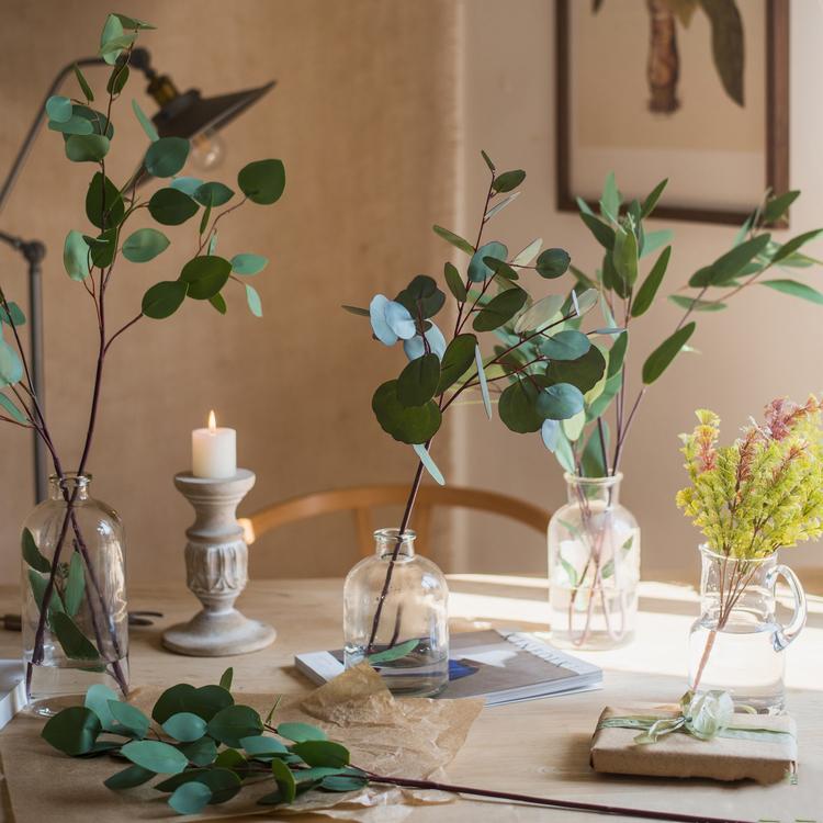 Artificial Eucalyptus Leaves in varied shapes, RusticReach artificial flora in glass bottles on Tampa Home & Garden Store