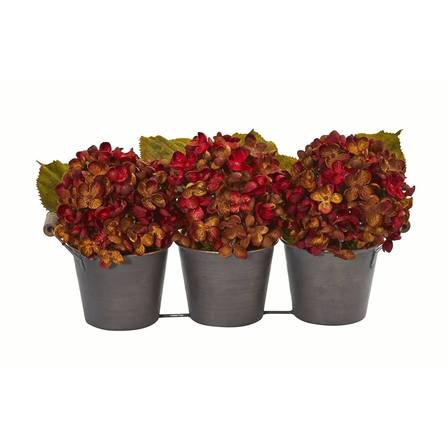 Fall Hydrangea Arrangement in Metal Planters with red-orange blooms; 3 pots Nearly Natural on Tampa Home & Garden Store