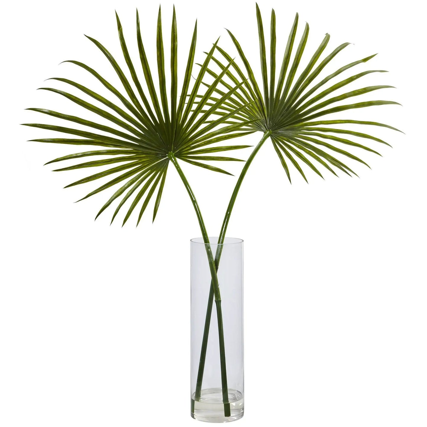 Tall Fan Palm Arrangement by Nearly Natural in glass vase with two green palm fronds on Tampa Home & Garden Store