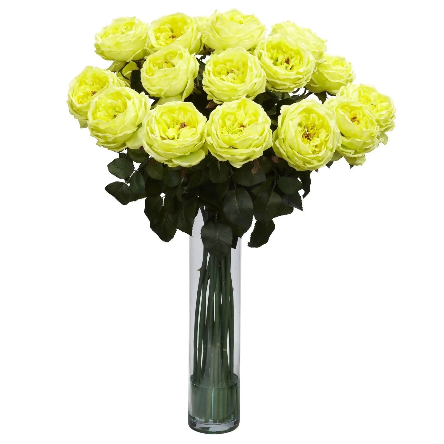 Elegant Rose Silk Flower Arrangement pale yellow in a tall clear vase by Nearly Natural on Tampa Home & Garden Store