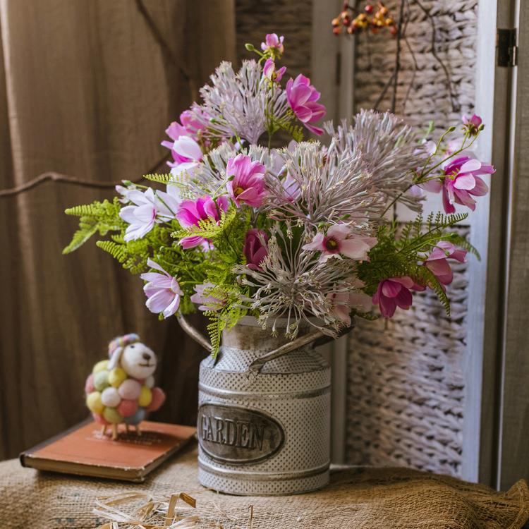 Artificial Silk Flower Bouquet Pink Daisy 20in tall in rustic tin vase by RusticReach on Tampa Home & Garden Store