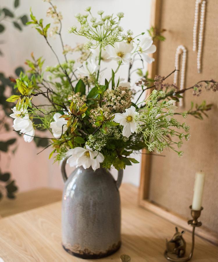 Artificial flower bouquet Spring Daisy greenery mix in gray ceramic pitcher RusticReach on Tampa Home & Garden Store