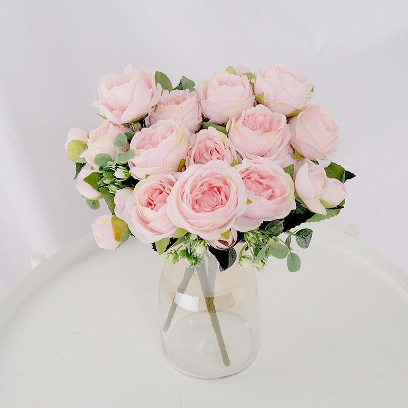 Silk Artificial Flowers Bouquet with 9 pink peony and tea-rose heads in clear vase by Stevvex on Tampa Home & Garden Store