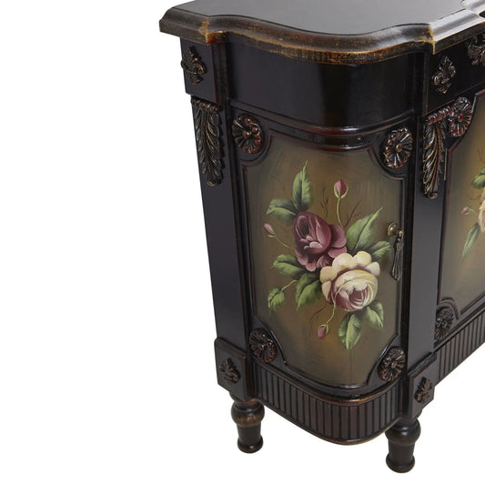 French Vintage Floor Cabinet brown with floral panels and carved rosettes on dark wood legs on Tampa Home & Garden Store