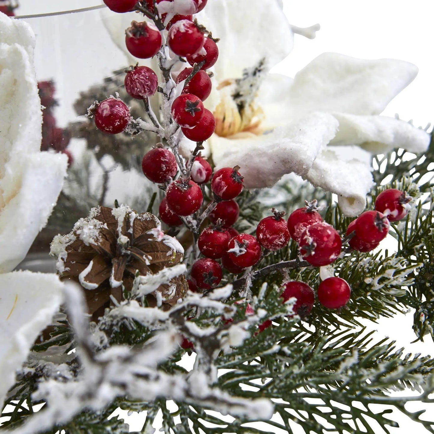 Frosted Magnolia and Berry Artificial Candelabrum with red berries and snow-dusted greenery on Tampa Home & Garden Store