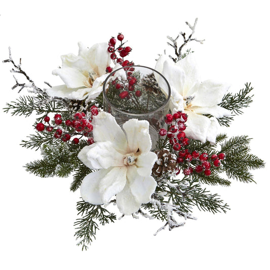 Frosted Magnolia & Berry Artificial Arrangement Candelabrum - Tampa Home & Garden Store