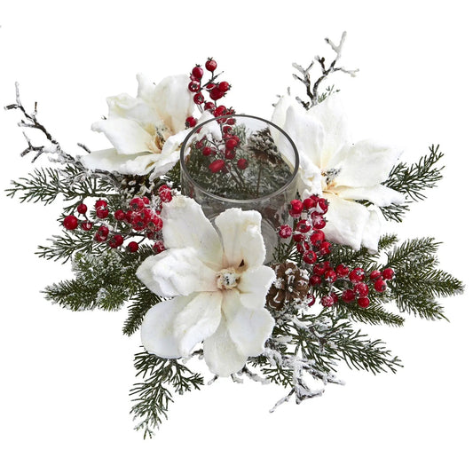 Frosted Magnolia & Berry Artificial Arrangement Candelabrum - Tampa Home & Garden Store