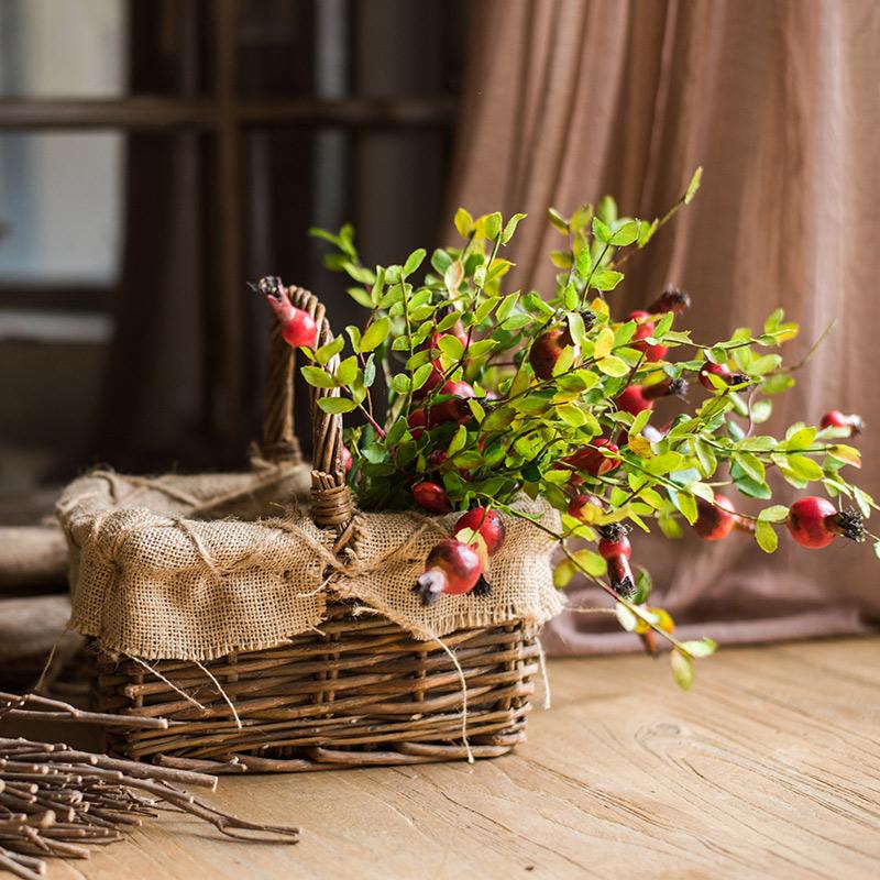 Artificial pomegranate stem RusticReach 23 in tall, red fruits with green leaves in burlap basket on Tampa Home & Garden Store