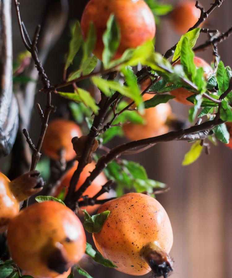 RusticReach artificial pomegranate stem with yellow-orange fruit cluster on branch 36in tall on Tampa Home & Garden Store
