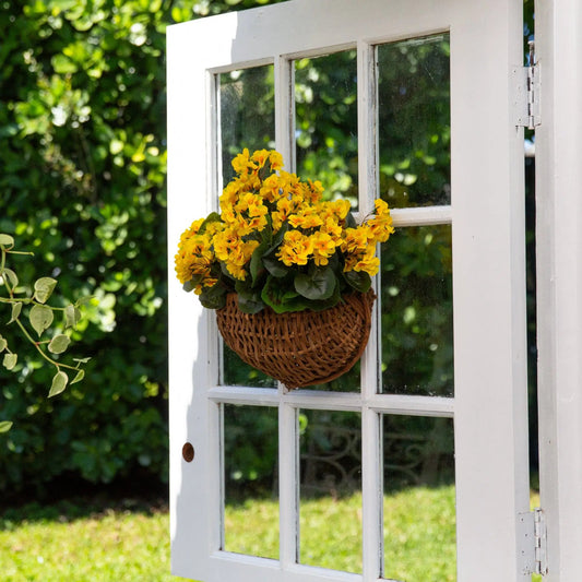 Geranium UV-Resistant Artificial Bushes Set of 4 in a wicker basket on white door on Tampa Home & Garden Store