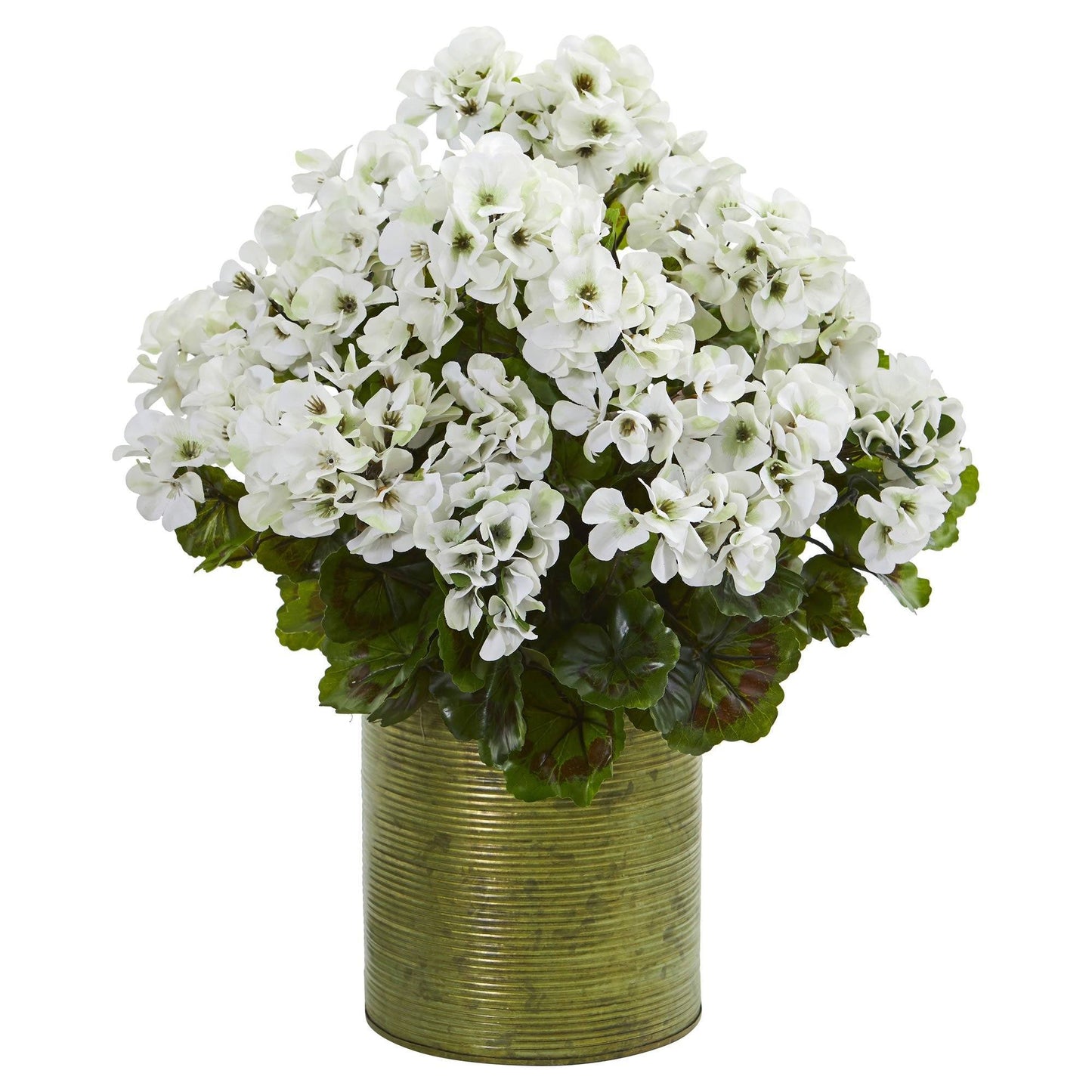 Geranium artificial plant in UV-resistant metal planter with white blooms on Tampa Home & Garden Store
