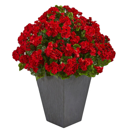 Geranium artificial plant in slate planter with red blooms by Nearly Natural on Tampa Home & Garden Store